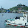 ウミネコの繁殖地「蕪島神社」を漁船とともに。