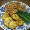 さつまいも、おくら、大豆肉焼き