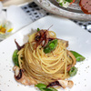烏賊とスナップエンドウの辛子明太子ソースパスタ