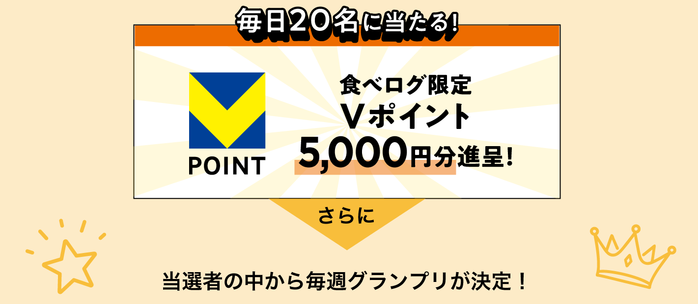 毎日20名に当たる!食べログ限定vポイント5,000円分進呈!さらに当選者の中から毎週グランプリが決定!