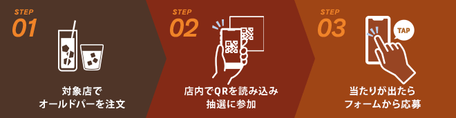 STEP01:対象店でオールドパーを注文/STEP02:店内でQRを読み込み抽選に参加/STEP03:当たりが出たらフォームから応募