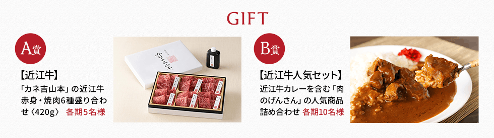 A賞:【近江牛】「カネ吉山本」の近江牛赤身・焼肉6種盛り合わせ〈420g〉各期5名様/B賞:【近江牛人気セット】近江牛カレーを含む「肉のげんさん」の人気商品詰め合わせ 各期10名様