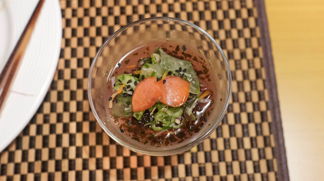 山ごぼう - 料理写真:水前寺菜、オクラ、紫蘇、うり、胡瓜の酢の物