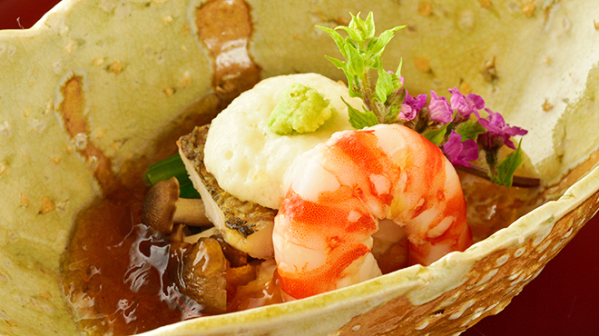 一魁 - 料理写真:あぶりカマスと車エビの山かけ