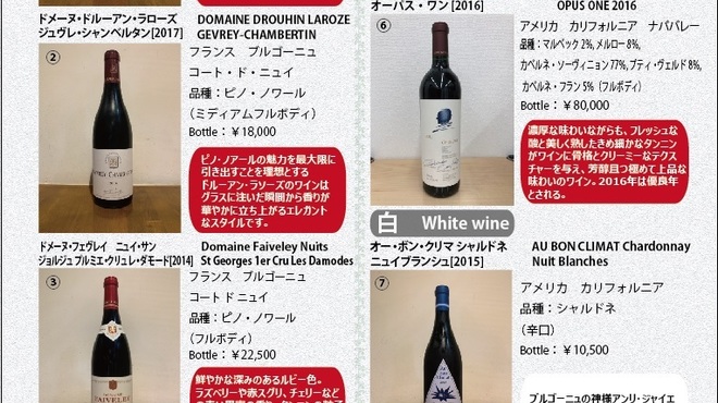 Tajima Gyuu Irori Dining Mikuni - Wine Bottle List. We offer selections such as Opus One and Gevrey-Chambertin.