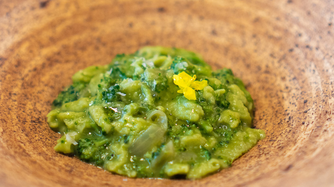oasi - 料理写真:ほうれん草を練り込んだスパッツェレ ブロッコリーのソース 菜の花の花、 パルミジャーノレッジャーノ