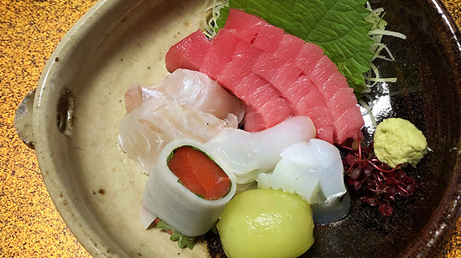 長島 - 料理写真:3. 中とろ イカ 平目 サーモン蓮根巻 マスカット
