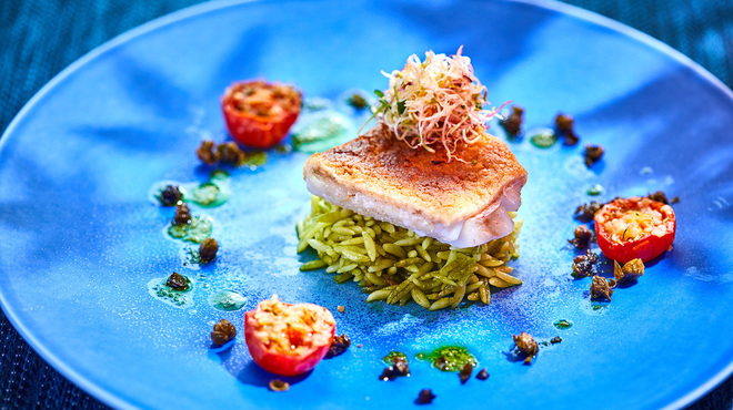 Indigo Home Kitchen Yamateras - 料理写真:甘鯛のマカダミアナッツ揚げ オルゾとサルサベルデ