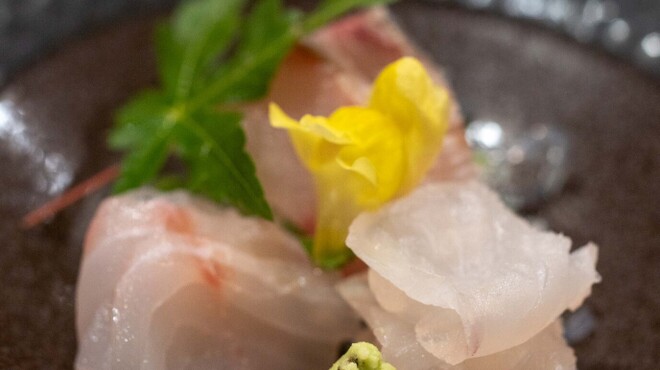 司 - 料理写真:2023.7 お造り3種盛り（メイチダイ、シマアジ、アズキハタ、本わさび、海藻クリスタル、大根の葉、菊花）