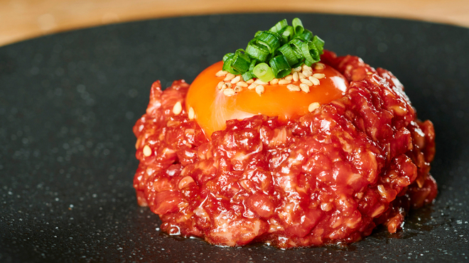 yukhoe (Korean dish of seasoned raw beef topped with an egg yolk)