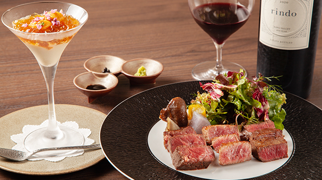加藤牛肉店 小川のうに - メイン写真:小川のうにとコンソメジュレの前菜と山形牛の鉄板焼き