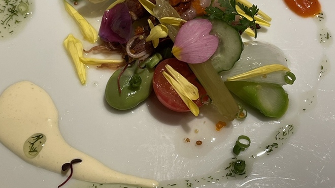 ル ポタジェ - 料理写真:グリンアスパラとホタルイカのマリネ 春の色々お野菜と共に