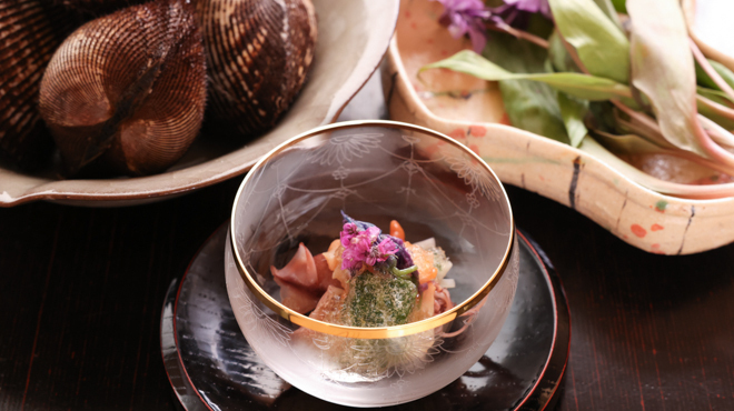料理屋もり尋 - 料理写真:赤貝、ほたるいか、片栗菜、柑橘ジュレ