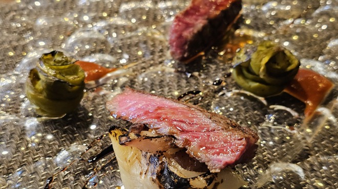 ル・ゴーシュ・セキ - 料理写真:宮崎牛、タスマニアマスタード、万願寺唐辛子、淡路島の玉ねぎ