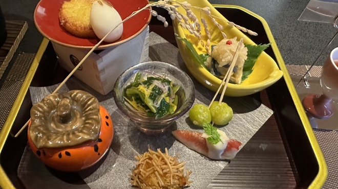 柿本家 - 料理写真:前菜　百合根　いちじく　南京　ワタリガニ　銀杏　ほうれん草の御浸し　セロリと貝柱の白和え