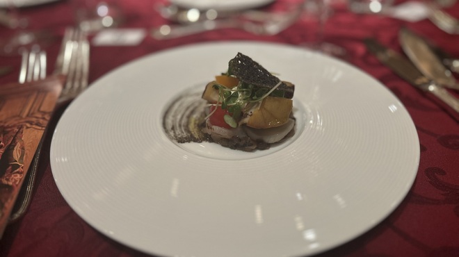 ホテル日航福岡 - 料理写真:食事は前菜が鮑と帆立貝柱のセルクラージュ・ベルガモットのヴィネグレット。