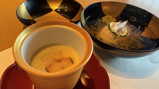 ダイニング 花火 - 料理写真:さざえの磯香蒸、 鱧真薯 春紅葉麩