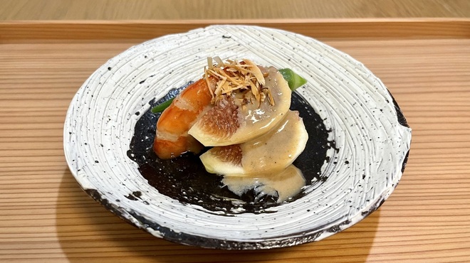佐とう - 料理写真:牛海老 無花果 オクラ さつま芋(栗かぐや) 胡麻クリーム 刻みアーモンド