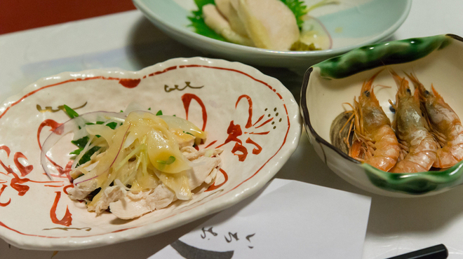 名古屋コーチン・旬菜 一鳳 - 料理写真:先付・名古屋コーチンの笹身胡麻ポン酢かけ・名古屋コーチンむね肉の酒蒸【2014年10月】
