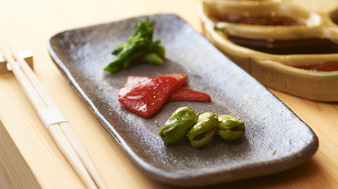 串揚げ 依知川 - 料理写真:前菜、空豆、パプリカ、菜花。