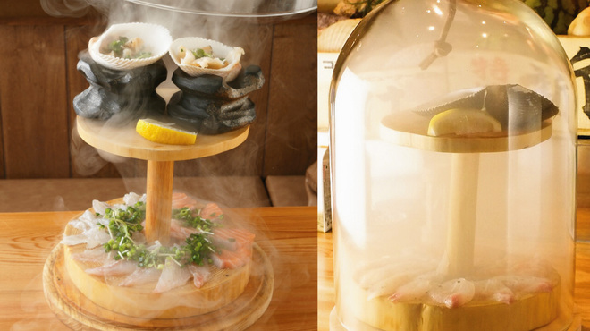 貝と魚と炉ばたのバンビ - 料理写真:バンビ名物瞬間スモークカルパッチョ