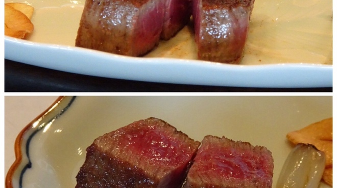 室 - 料理写真:◆ステーキ・・2回に分けて出される、最初の量。 ミディアムレアでお願いしましたら、表面はカリッ、中はレア感が残り美味しい。 「塩」「特製だれ」「胡麻（だったような）たれ」で頂きます。