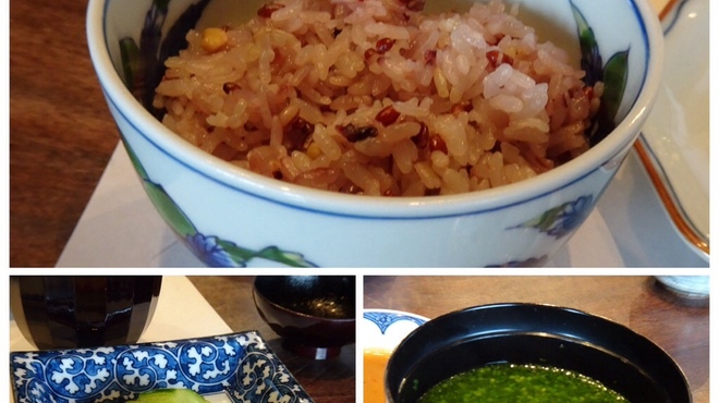 室 - 料理写真:◆雑穀米ご飯。香の物、お味噌汁。 こちらのお味噌汁、具材は「お葱」だけなのですが、丁寧にお出汁を引いたお味噌汁はとても美味しいのです。