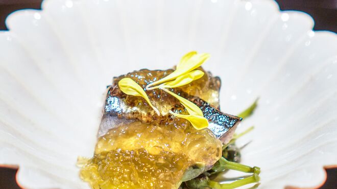 天満橋 藤かわ - 料理写真:秋刀魚の焼き霜、 茄子、 みずのみ、 生姜酢のジュレ