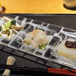 蕎麦屋 にこら - 平日( 月～金曜日)＆夜の部 土･日･祝祭日＆昼の部・夜の部のセットメニュー1人分(おまかせ３品＋そば)京鴨？のクリーム煮,平目昆布〆,聖護院大根のふろふき