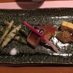 むろや - ワカサギの天ぷら、マナガツオの西京漬け、カズノコ、玉子焼き