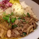 ジンジャーポークカレーと旬の野菜のラムキーマのあいがけ＋卵のアチャール