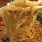 青竹手打ちらーめん 夢現 - うどんライクな中太麺に、豆板醤の唐辛子が絡む。