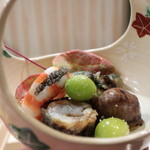 ぎをん 福志 - 木の芽酢、車海老キャビア詰め、銀杏、八幡巻き、鮎、鯖寿司、イクラの味噌漬け