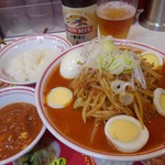 Moukotammennakamoto - 味噌卵麺の野菜大盛麺硬めに、クーポンで茹で玉子と定食まで付けちゃいました♪それと瓶ビール( *´艸)
                今日の味噌卵麺、今まで食べた中でも最高レベル★★★
                旨かった～御馳走様でした。