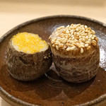 日本橋蛎殻町 すぎた - 海老芋のきぬかつぎ　　カラスミと白胡麻のせ