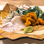 うを徳 - 琵琶湖の氷魚の釜揚げと松島の穴子の刺身、