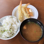 Irodori Kouyou - ご飯+青菜ご飯、シジミの味噌汁、エビ天、魚フライ