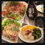 Sumibikushiyakitorijiro - ポテサラ・鶏ジローサラダ・豪快・お新香盛り