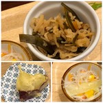 峠の玄氣屋　グングンカフェ - 小鉢3種。どれも盛り付けが雑ですこと。＞＜ 女性スタッフさんだけのようにお見受けしましたので、もう少し丁寧さが欲しいですね。 ＊サツマイモの天ぷら ＊春雨の酢の物 ＊切り干し大根 失礼ながらどれもお味付けや食材に手抜き感を感じました。