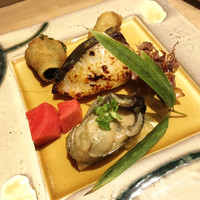 炭火割烹 大嶋 - 【焼物】さわら西京焼、牡蠣オイル煮、くわい煎餅、蛍烏賊、赤大根酢漬