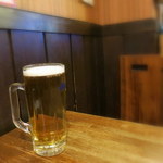 Suto N - 生ビール（500円）。冷たくないビールなんてビールじゃない！　泡もないし、見るからにおいしくなさそうな写真… (-_-;)