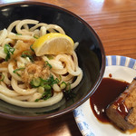 Teuchi Udon Tsuruya - 2019年1月23日の5軒目。うまく時間を空けて連食にならない工夫が効いたか、肉ぶっかけでも食べれそうな雰囲気。でもまだ後があるので、ぶっかけ小と豆腐のおでん。甘めの出汁とスッキリレモン。旨かった！