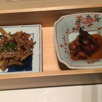 ささら庭 - かしわとごぼうの金平と蛸と大豆の柔らか煮