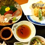 四季の味 わらく - 穴子と野菜天ぷら定食+刺身盛
