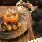 ひょうたん池 - タコと柿の和え物と刺身盛合せ