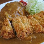 とんかつ藤よし - 左奥に見えるはアーモンド型のライス、懐かしい。カレーがいっぱいかかってます。