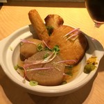 ワイン&オデン ひそか - H.31.1.21.夜 おでん ( 染み大根 200円税別・ごぼ天 200円税別・平天 200円税別・じゃがいも 200円税別・ちくわ 200円税別 )