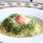 Spaghetti with cod roe and perilla leaves