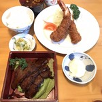 Tonkatsu Ishibashi - エビフライ１９００円・あみ焼１９５０円・ご飯中２００円・赤だし１５０円   タルタルソース多め、エビフライカットなし