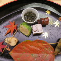 味 ふくしま - 左から子持ち鮎・錦糸巻き・むかご真丈・鰻の八幡巻き・枝豆